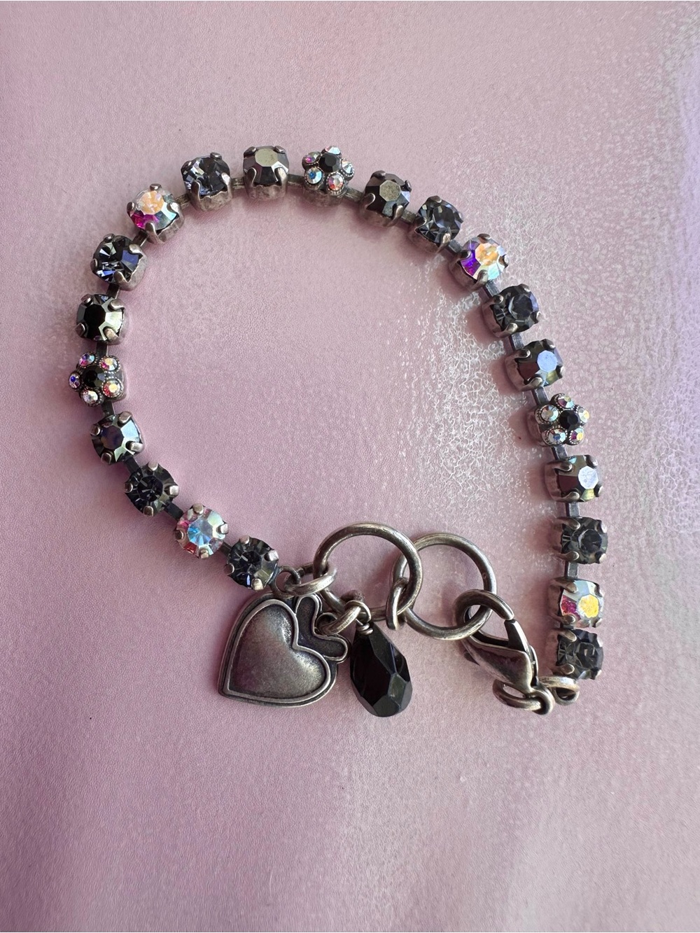 Mariana Silver,Black, Gray, ab, flower Swarovski Crystal Heart Charm Bracelet